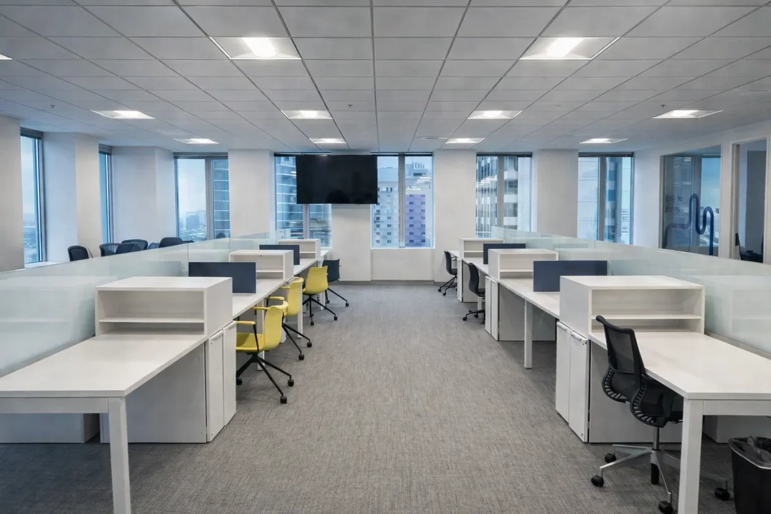 Modern open-plan office featuring rows of white workstations, glass desk dividers, rolling chairs, and city-view windows.