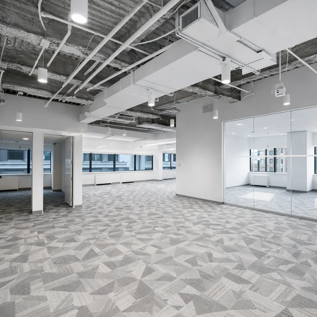 Open modern office space with exposed industrial ceiling and glass meeting room