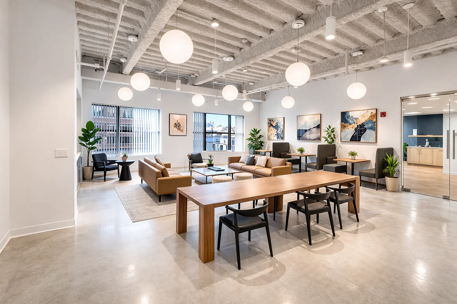 Modern office lounge with seating area, meeting table, and exposed ceiling